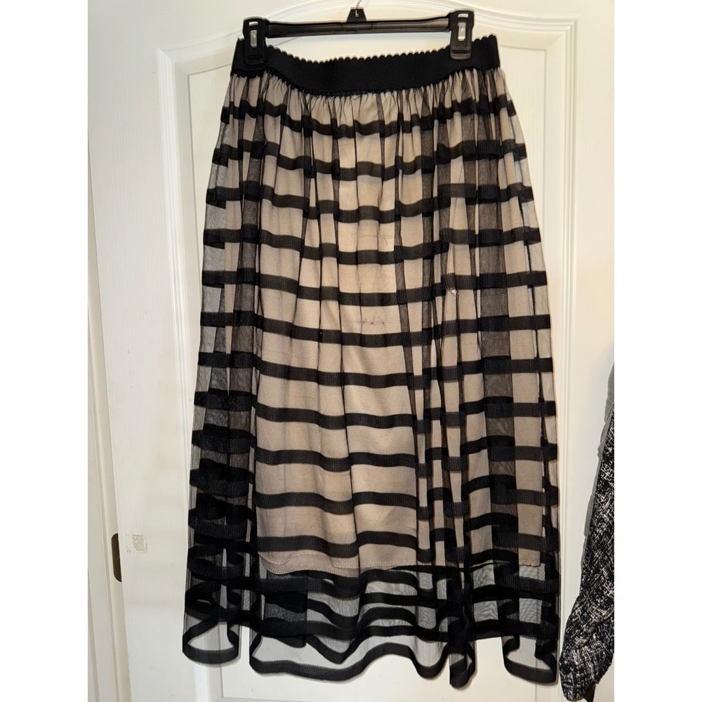 Metrowear Womens Mesh Stripe Midi Skirt Black Nude Lined Elastic Waist Size M